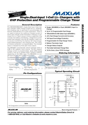 MAX8601 datasheet - Single-/Dual-Input 1-Cell Li Chargers with OVP Protection and Programmable Charge Timer