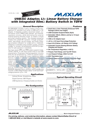 MAX8606 datasheet - USB/AC Adapter, Li Linear Battery Charger with Integrated 50mY Battery Switch in TDFN