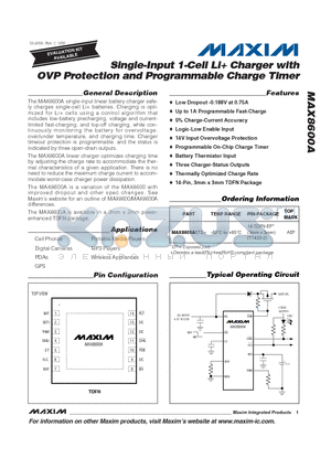 MAX8600AETD+ datasheet - Single-Input 1-Cell Li Charger with OVP Protection and Programmable Charge Timer