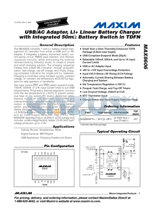 MAX8606 datasheet - USB/AC Adapter, Li Linear Battery Charger with Integrated 50mOHM Battery Switch in TDFN