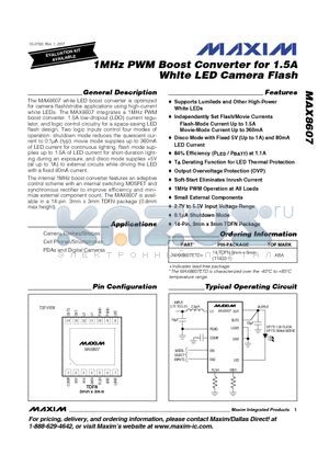 MAX8607 datasheet - 1MHz PWM Boost Converter for 1.5A White LED Camera Flash