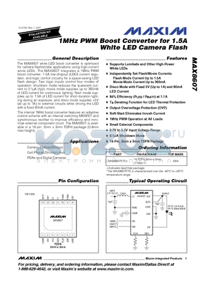 MAX8607ETD+ datasheet - 1MHz PWM Boost Converter for 1.5A White LED Camera Flash
