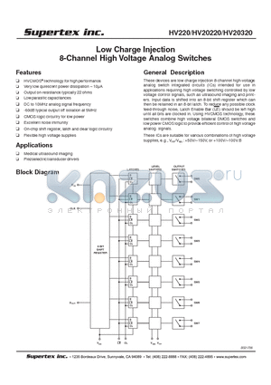HV220 datasheet - Low Charge Injection 8-Channel High Voltage Analog Switches