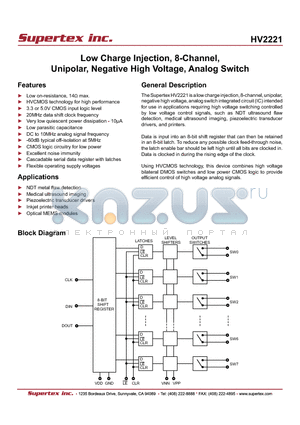 HV2221 datasheet - Low Charge Injection, 8-Channel, Unipolar, Negative High Voltage, Analog Switch