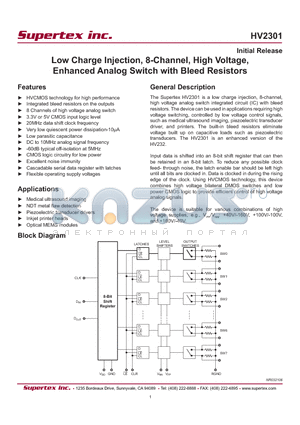HV2301FG-G datasheet - Low Charge Injection, 8-Channel, High Voltage, Enhanced Analog Switch with Bleed Resistors