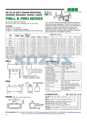 PWLL10-102 datasheet - 5W TO 50 WATT POWER RESISTORS CERAMIC ENCASED, RADIAL LEADS