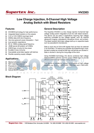 HV2303FG-G datasheet - Low Charge Injection, 8-Channel High Voltage  Analog Switch with Bleed Resistors