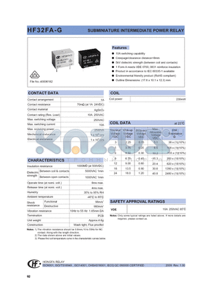 HF32FA-G/005-HSL2XXX datasheet - SUBMINIATURE INTERMEDIATE POWER RELAY
