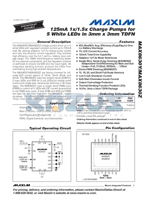 MAX8630Y datasheet - 125mA 1x/1.5x Charge Pumps for 5 White LEDs in 3mm x 3mm TDFN