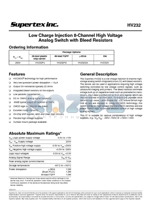 HV232 datasheet - Low Charge Injection 8-Channel High Voltage Analog Switch with Bleed Resistors