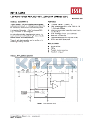 IS31AP4991 datasheet - 1.2W AUDIO POWER AMPLIFIER WITH ACTIVE-LOW STANDBY MODE