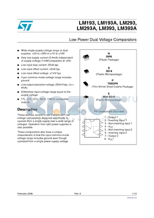 LM293D/LM293DT datasheet - Low Power Dual Voltage Comparators