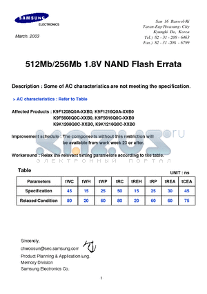 K9F5608Q0C-D datasheet - 512Mb/256Mb 1.8V NAND Flash Errata
