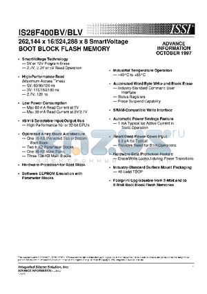 IS28F400BVT-80T datasheet - 262,144 x 16/524,288 x 8 SmartVoltage BOOT BLOCK FLASH MEMORY