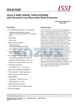 IS34C02B datasheet - 2K-bit 2-WIRE SERIAL CMOS EEPROM with Permanent and Reversible Write-Protection