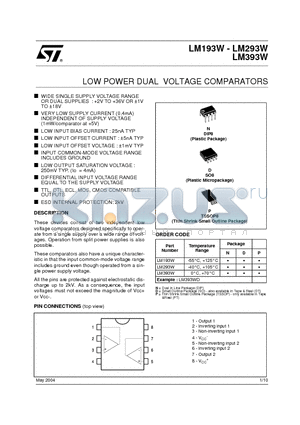 LM293WN datasheet - LOW POWER DUAL VOLTAGE COMPARATORS