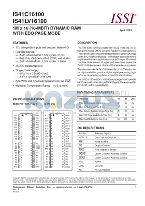 IS41C16100-50T datasheet - 1M x 16 (16-MBIT) DYNAMIC RAM WITH EDO PAGE MODE