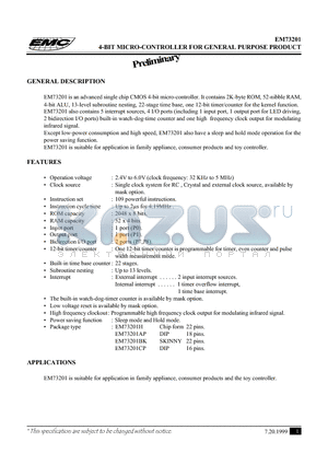 EM73201BK datasheet - 4-BIT MICRO-CONTROLLER FOR GENERAL PURPOSE PRODUCT