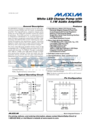 MAX8678ETE datasheet - White LED Charge Pump with 1.1W Audio Amplifier