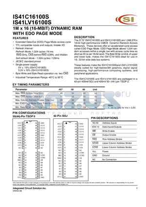 IS41C16100S datasheet - 1M x 16 (16-MBIT) DYNAMIC RAM WITH EDO PAGE MODE