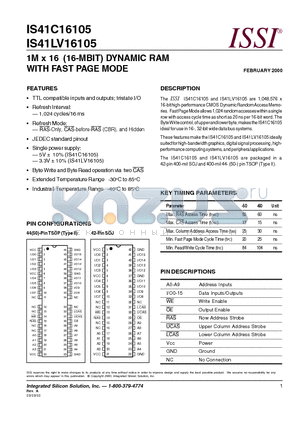 IS41C16105-50TI datasheet - 1M x 16 (16-MBIT) DYNAMIC RAM WITH FAST PAGE MODE