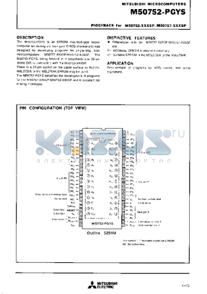 M50757-XXXSP datasheet - The M50752-PGYS is an EPROM mounted-type microcomputer employing a silicon gate CMOS process and was designed for developing programs for single-chip
