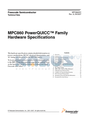 MPC855TZQ50D4R2 datasheet - PowerQUICC Family Hardware Specifications
