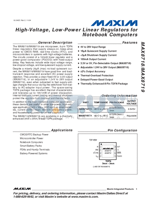 MAX8718ETA datasheet - High-Voltage, Low-Power Linear Regulators for Notebook Computers