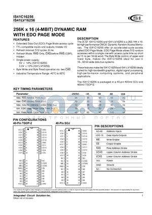 IS41C16256-50TI datasheet - 256K x 16 (4-MBIT) DYNAMIC RAM WITH EDO PAGE MODE