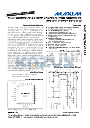 MAX8725 datasheet - Multichemistry Battery Charger with Automatic System Power Selector