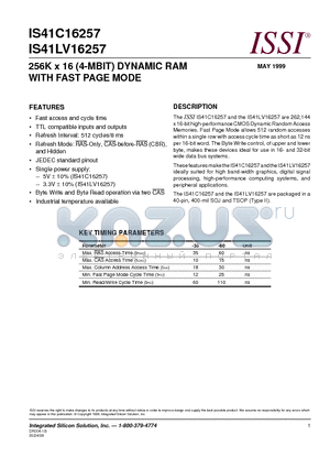 IS41C16257-35T datasheet - 256K x 16 (4-MBIT) DYNAMIC RAM WITH FAST PAGE MODE