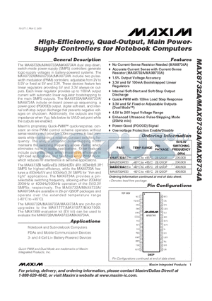 MAX8733A datasheet - High-Efficiency, Quad-Output, Main Power-Supply Controllers for Notebook Computers