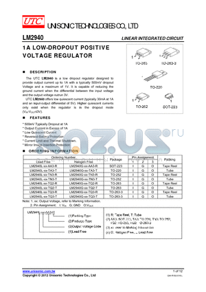 LM2940G-XX-TA3-T datasheet - 1A LOW-DROPOUT POSITIVE VOLTAGE REGULATOR