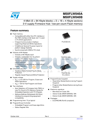 M50FLW040AN5P datasheet - 4-Mbit (5  64 Kbyte blocks  3  16  4 Kbyte sectors) 3-V supply Firmware Hub / low-pin count Flash memory