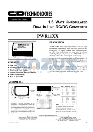 PWR1105 datasheet - 1.5 WATT UNREGULATED DUAL-IN-LINE DC/DC CONVERTER