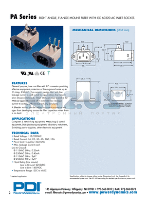 PA01Q00-2B datasheet - RIGHT ANGLE, FLANGE MOUNT FILTER WITH IEC 60320 AC INLET SOCKET