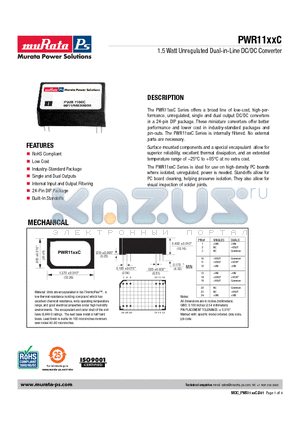PWR1117C datasheet - 1.5 Watt Unregulated Dual-in-Line DC/DC Converter