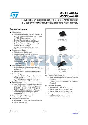 M50FLW040ANB5TP datasheet - 4-Mbit (5  64 Kbyte blocks  3  16  4 Kbyte sectors) 3-V supply Firmware Hub / low-pin count Flash memory