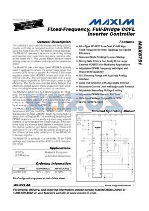 MAX8751 datasheet - Fixed-Frequency, Full-Bridge CCFL Inverter Controller