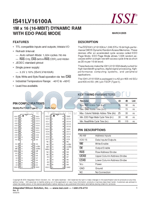 IS41LV16100A-50T datasheet - 1M x 16 (16-MBIT) DYNAMIC RAM WITH EDO PAGE MODE