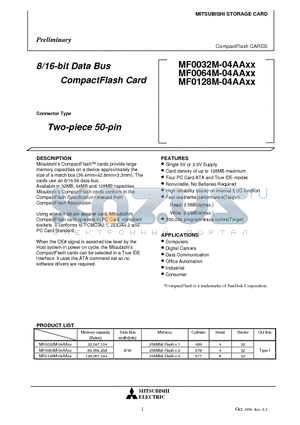 MF0128M-04AAXX datasheet - 8/16-bit Data Bus CompactFlash Card