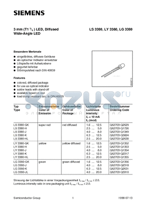LY3380-HL datasheet - 3 mm T1 3/4  LED, Diffused Wide-Angle LED