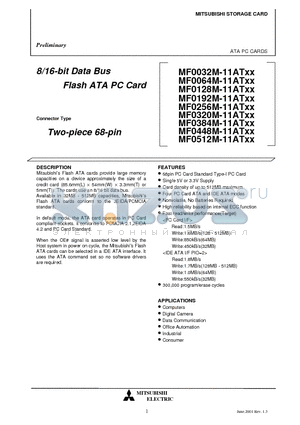 MF0128M-11ATXX datasheet - 8/16-bit Data Bus Flash ATA PC Card