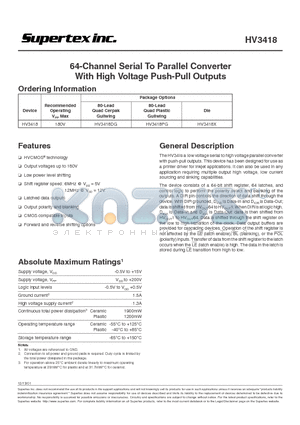 HV3418X datasheet - 64-Channel Serial To Parallel Converter With High Voltage Push-Pull Outputs