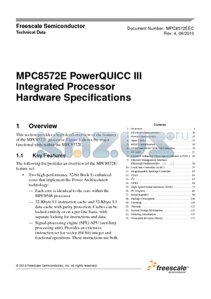 MPC8572EPXAULD datasheet - MPC8572E PowerQUICC III Integrated Processor Hardware Specifications