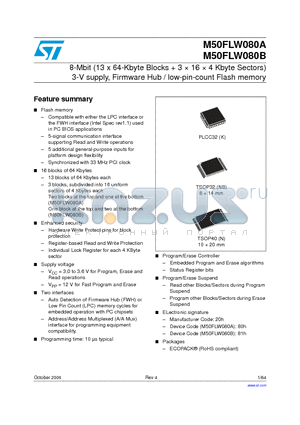 M50FLW080AK5P datasheet - 8 Mbit (13 x 64KByte Blocks  3 x 16 x 4KByte Sectors), 3V Supply Firmware Hub / Low Pin Count Flash Memory