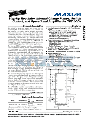 MAX8784ETL+ datasheet - Step-Up Regulator, Internal Charge Pumps, Switch Control, and Operational Amplifier for TFT LCDs