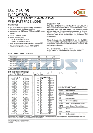 IS41LV16105-60K datasheet - 1M x 16 (16-MBIT) DYNAMIC RAM WITH FAST PAGE MODE