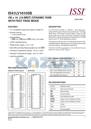 IS41LV16105B-50TLI datasheet - 1M x 16 (16-MBIT) DYNAMIC RAM WITH FAST PAGE MODE