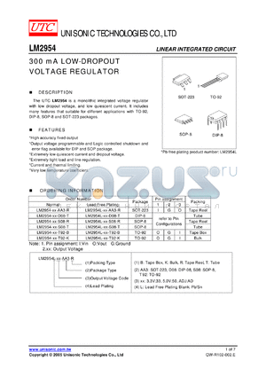 LM2954-33-T92-K datasheet - 300 mA LOW-DROPOUT VOLTAGE REGULATOR
